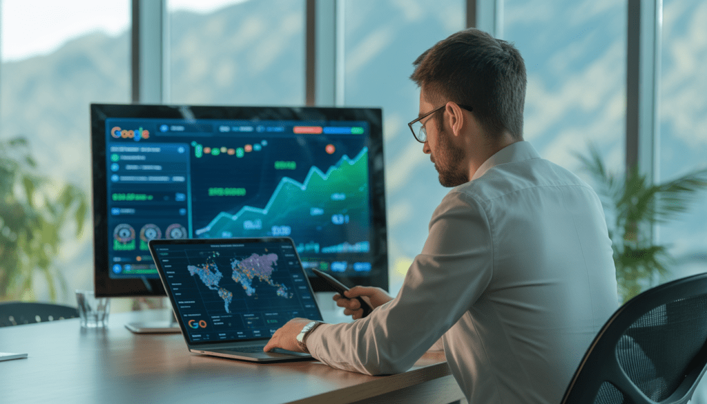 Consultant SEO freelance analysant un tableau de bord futuriste avec graphiques de trafic ascendants, carte interactive de Lyon avec marqueurs géolocalisés et optimisations en temps réel pilotées par IA, dans un bureau moderne baigné de lumière naturelle