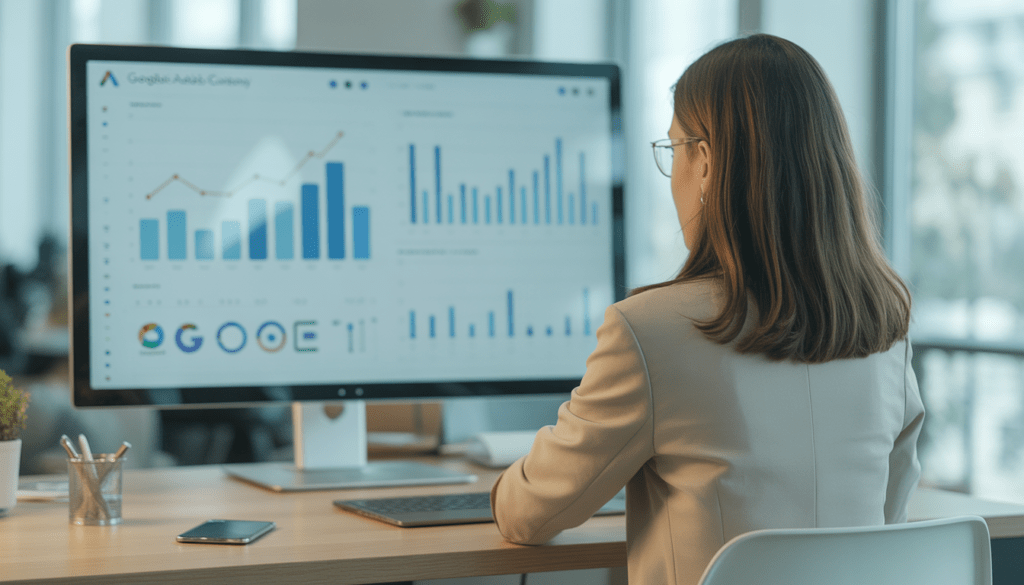 Consultant Google Ads travaillant dans un bureau moderne avec des graphiques de performance sur écran, tableaux analytiques épurés et graphiques de croissance, ambiance professionnelle et technologique axée sur le ROI, éclairage haute technologie lumineux, environnement minimaliste propre