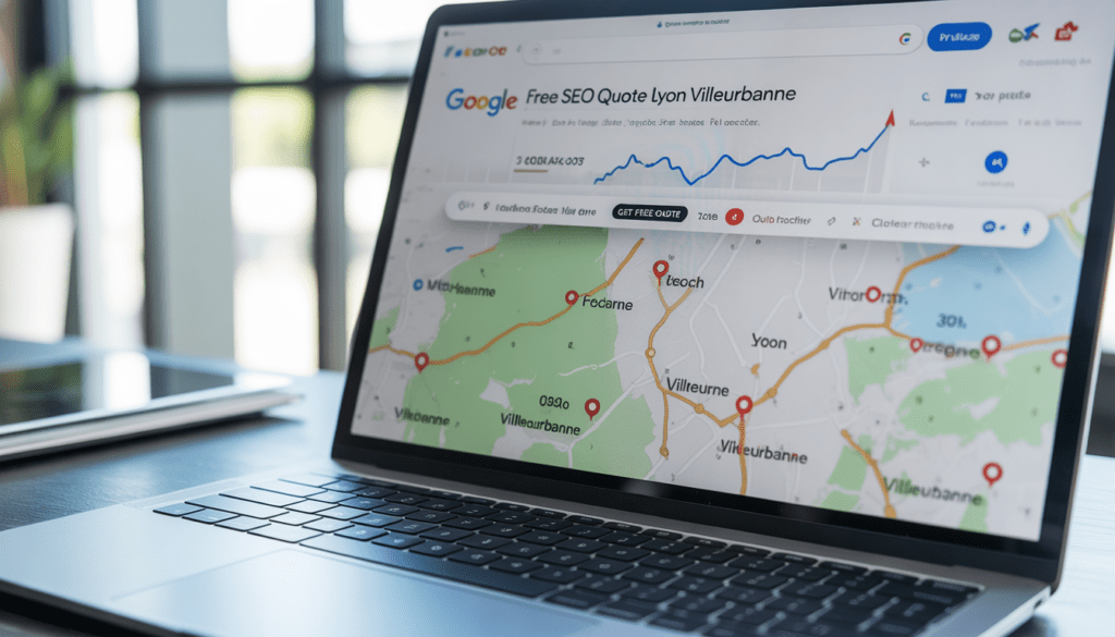 Gros plan d'un écran d'ordinateur portable affichant les résultats de recherche Google pour « devis seo gratuit lyon villeurbanne » avec graphiques de trafic organique en hausse et un curseur sur le bouton « Obtenir un devis gratuit », devant une carte interactive de Lyon et Villeurbanne avec des marqueurs rouges.