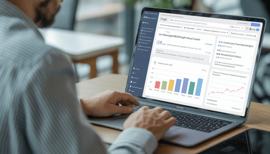 Consultant SEO local travaillant sur un ordinateur portable avec des résultats de recherche Google géociblés et des graphiques de trafic en hausse dans un bureau moderne à Lyon, éclairage naturel doux sur des tableaux de bord analytiques, espace de travail propre et minimaliste