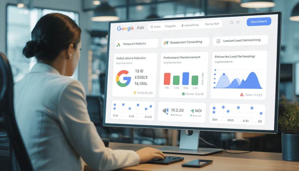 Consultant travaillant sur Google Ads devant un grand écran affichant un tableau de bord analytique avec graphiques de performance, métriques de conversion et indicateurs de ROI dans un bureau moderne et épuré