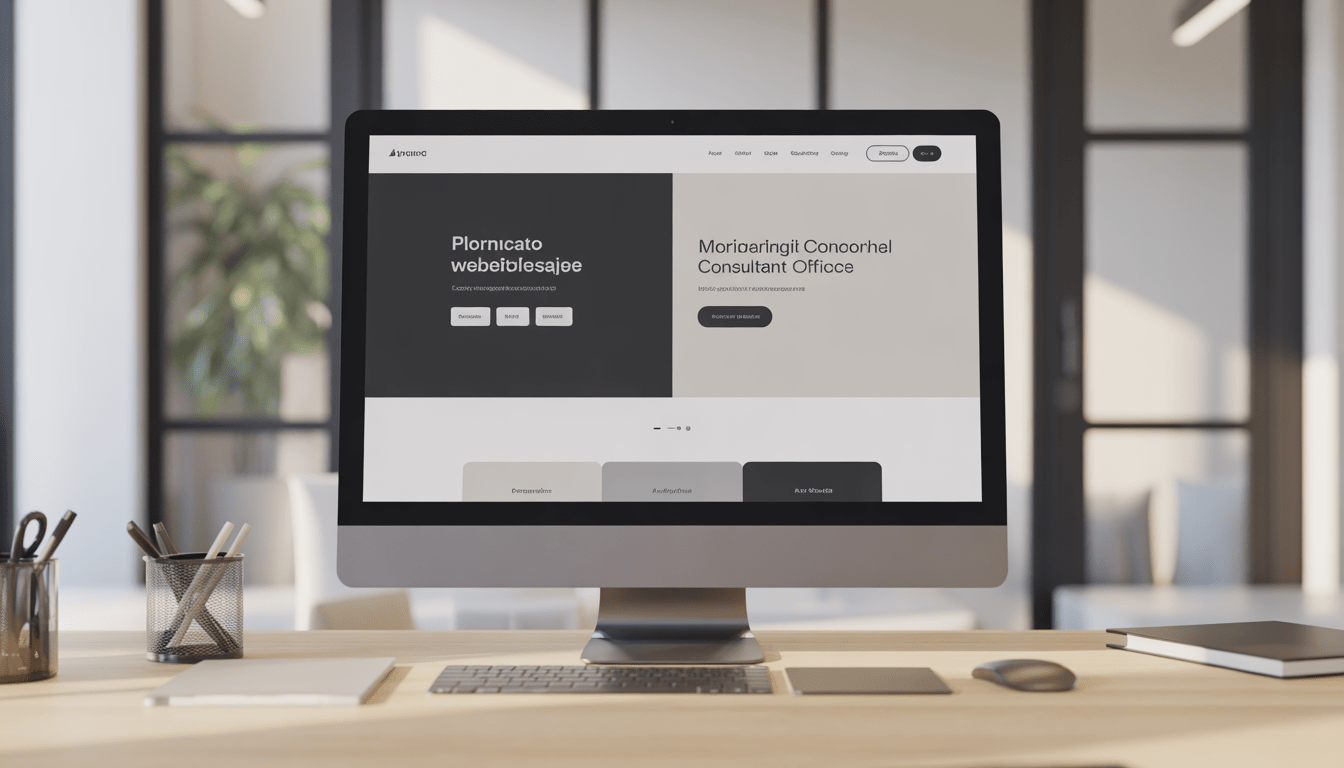 Écran d'ordinateur moderne affichant une page d'accueil de site web minimaliste avec boutons d'appel à l'action clairs dans un bureau de consultant en marketing digital lumineux