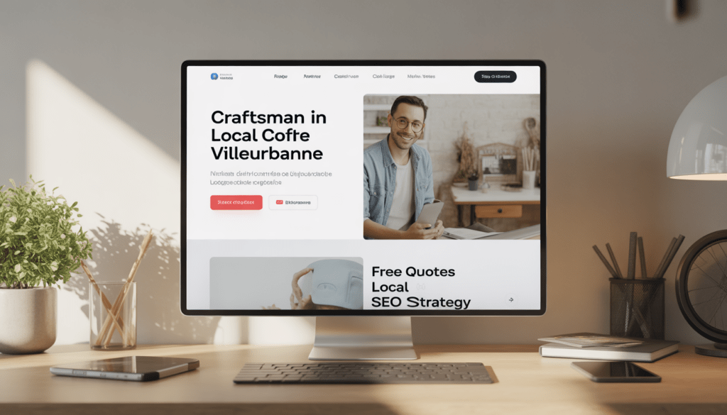 Écran de bureau moderne affichant une maquette de site web propre pour un artisan à Villeurbanne, dans un espace de travail minimaliste et lumineux