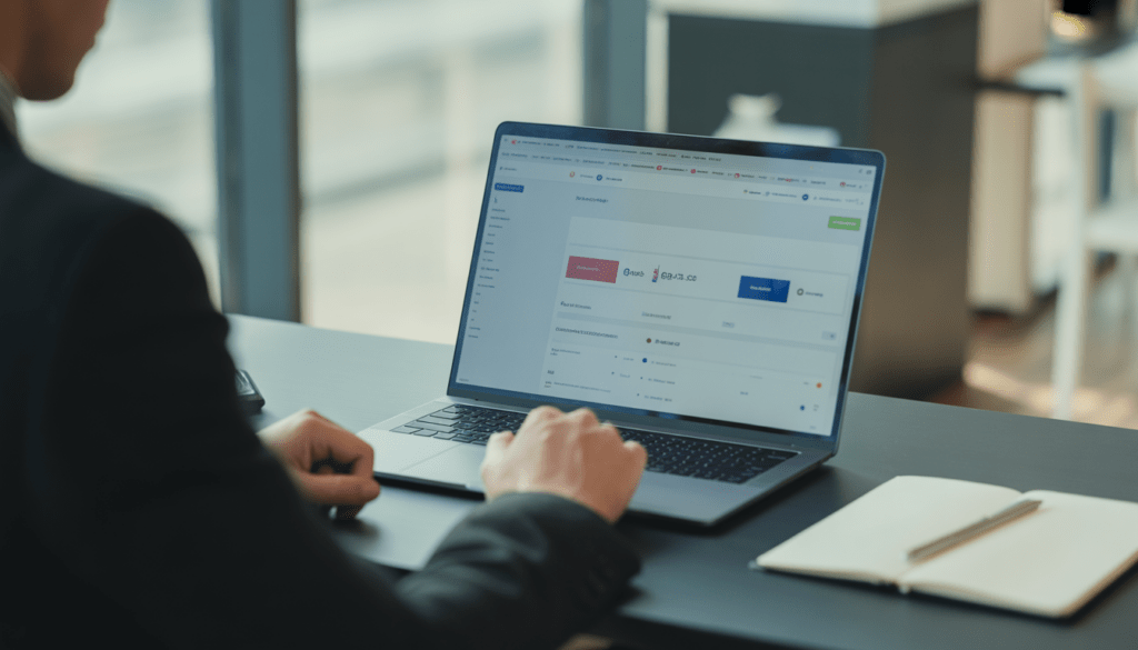 Consultant en marketing digital travaillant à un bureau moderne avec un ordinateur portable affichant un site web personnalisé et une interface analytics discrète, éclairage naturel, environnement propre