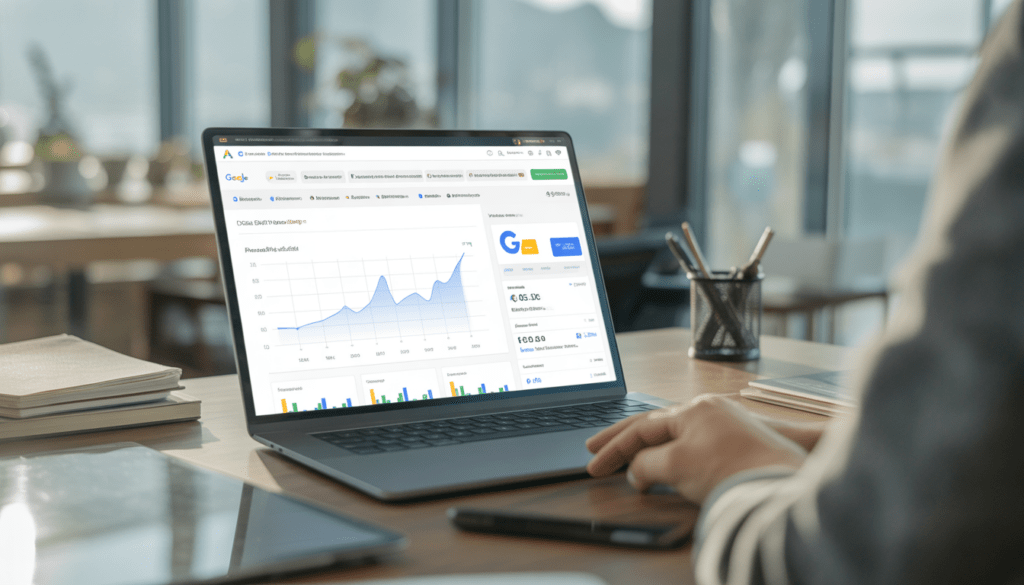 Espace de travail moderne avec un consultant freelance en marketing digital à Lyon, ordinateur portable affichant un tableau de bord Google Ads et des graphiques de performance en hausse, lumière naturelle, bureau minimaliste et éléments suggérant visibilité locale