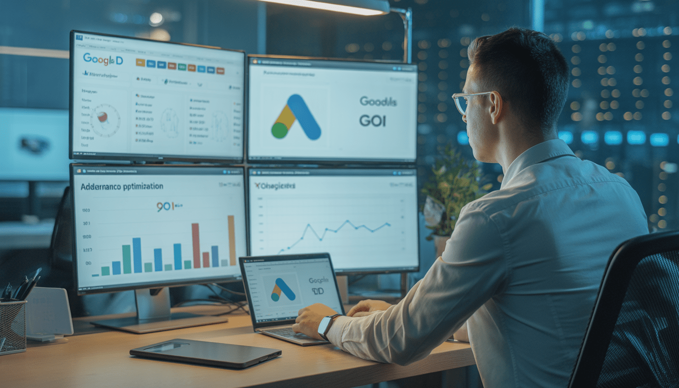 Consultant marketing digital travaillant dans un bureau moderne avec plusieurs écrans affichant des tableaux de bord Google Ads, graphiques de croissance, graphiques de ROI et métriques de performance publicitaire