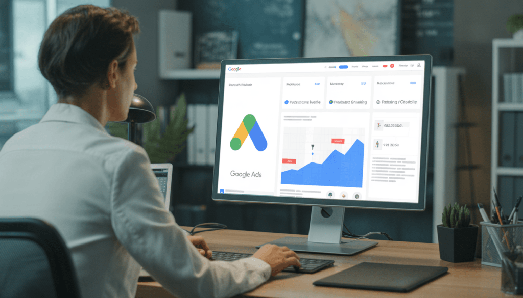 Consultant marketing digital travaillant dans un bureau moderne face à un ordinateur affichant un site professionnel, un tableau de bord Google Ads et des graphiques de performance croissants