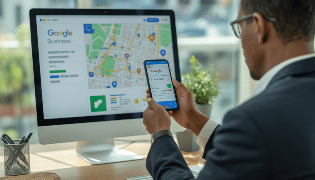 Consultant en marketing digital travaillant sur une fiche Google Business Profile affichée sur un smartphone et un ordinateur, avec une carte locale et des épingles de localisation sur Google Maps dans un bureau lumineux et moderne
