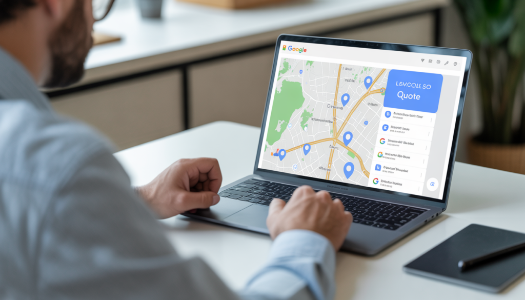 Artisan à Lyon examinant un devis de référencement local sur un ordinateur portable moderne affichant une carte locale stylisée avec des marqueurs de localisation et des éléments de Google Business Profile, dans un bureau moderne avec lumière naturelle et bureau minimaliste