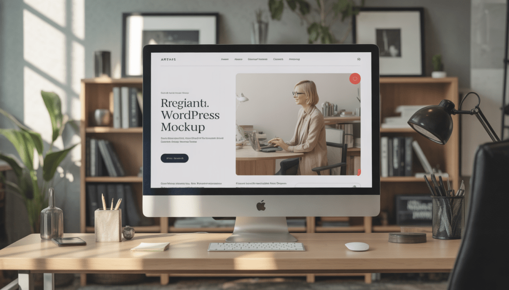 Bureau moderne et minimaliste avec grand écran affichant une maquette élégante de site WordPress pour artisan, ambiance créative et technologique, éclairage professionnel lumineux