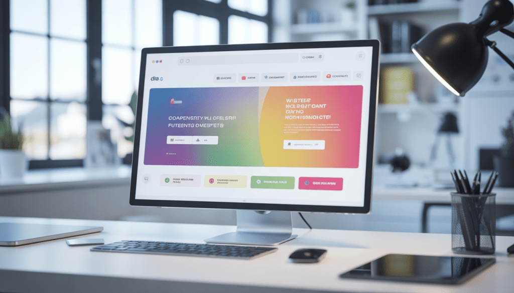 Écran d'ordinateur moderne affichant un design de site web minimaliste et professionnel avec des couleurs vives et des boutons d'appel à l'action, dans un bureau lumineux de consultant en marketing digital.