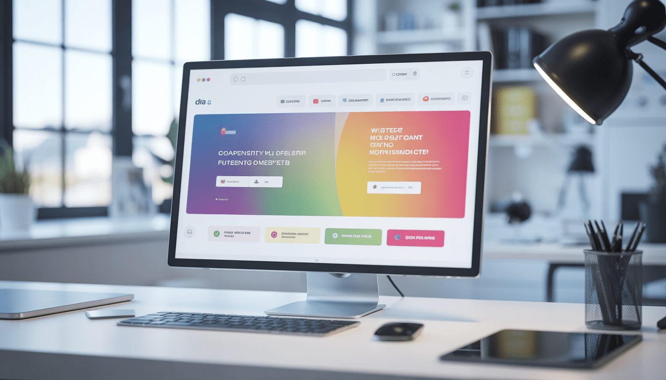 Écran d'ordinateur moderne affichant un design de site web minimaliste et professionnel avec des couleurs vives et des boutons d'appel à l'action, dans un bureau lumineux de consultant en marketing digital.