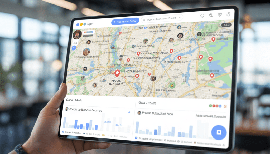 Carte digitale interactive de Lyon avec marqueurs précis des restaurants, mettant en avant un établissement du Marais, accompagnée de graphiques de croissance et interface Google Business Profile dans un bureau moderne