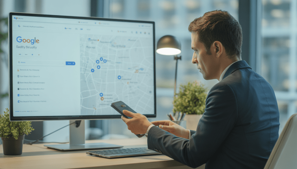 Consultant SEO local analysant les résultats de recherche Google et une carte de visibilité locale dans un bureau moderne lumineux et minimaliste