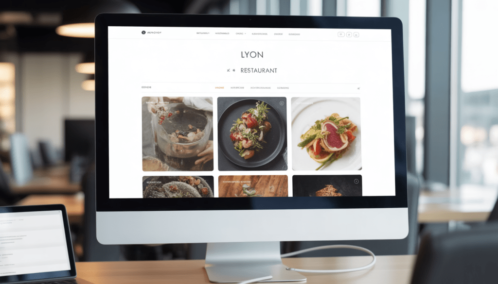 Écran d'ordinateur moderne affichant une maquette de site WordPress pour un restaurant à Lyon avec une interface élégante et des visuels culinaires raffinés dans un bureau contemporain lumineux