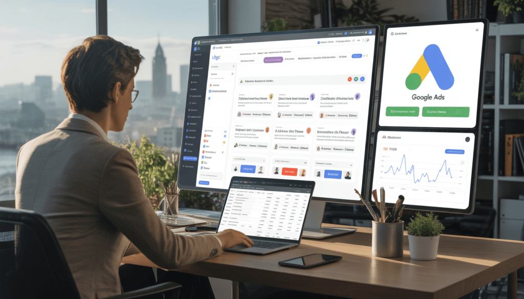 Consultant en stratégie digitale PME Lyon analysant un site WordPress et des graphiques de performance sur plusieurs écrans dans un bureau moderne