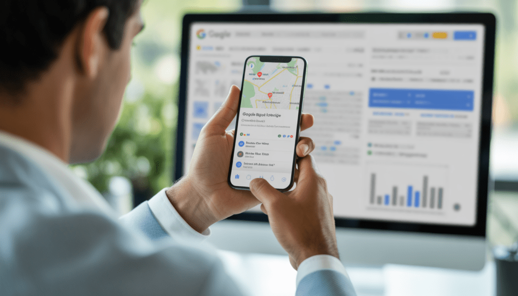 Consultant en marketing digital optimisant un profil Google Business sur smartphone et ordinateur, carte locale avec épingles, bureau moderne avec lumière naturelle