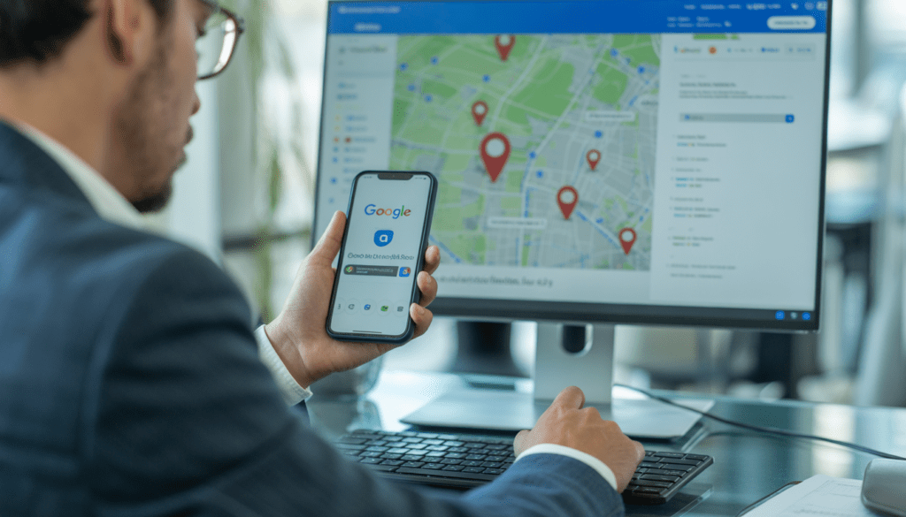 Consultant en marketing digital travaillant le référencement local dans un bureau professionnel moderne avec écran affichant une carte locale et smartphone montrant un profil Google Business
