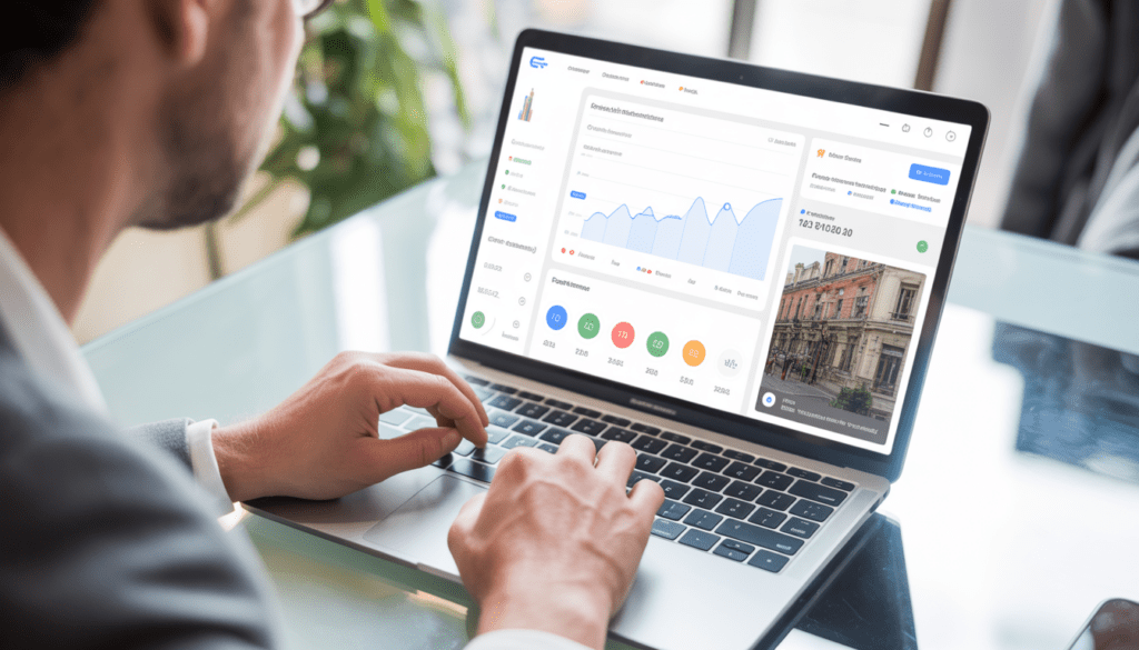 Consultant marketing digital freelance travaillant sur un ordinateur portable dans un espace de travail moderne avec interface affichant des graphiques de croissance, indicateurs de performance et une carte locale mettant en avant un restaurant à Lyon