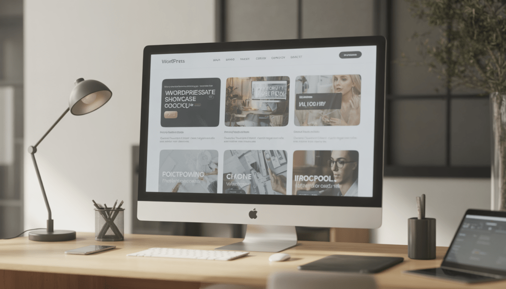 Espace de travail moderne et épuré avec un grand écran affichant une maquette de site vitrine WordPress, environnement minimaliste et lumineux