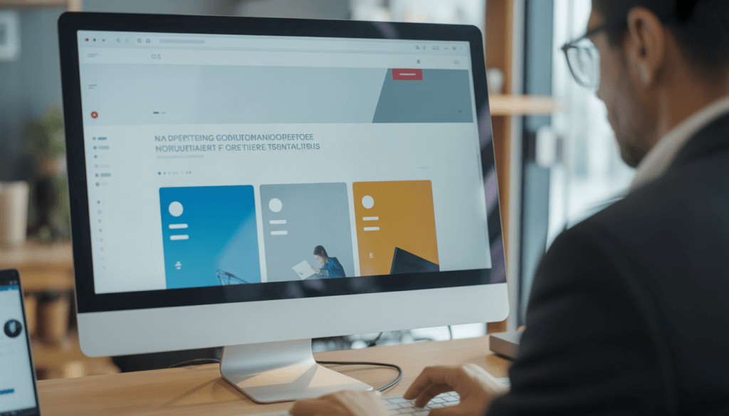 Écran d’ordinateur moderne affichant un site web minimaliste et professionnel dans un bureau lumineux