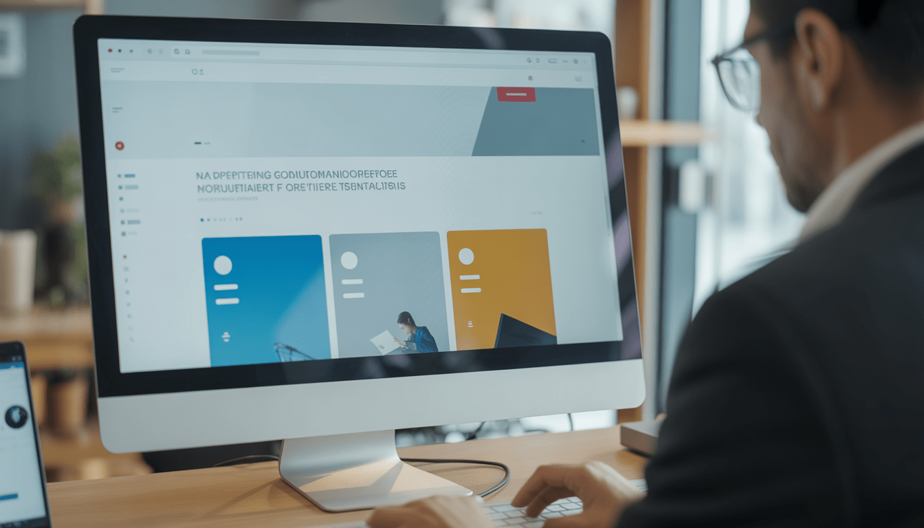 Écran d’ordinateur moderne affichant un site web minimaliste et professionnel dans un bureau lumineux