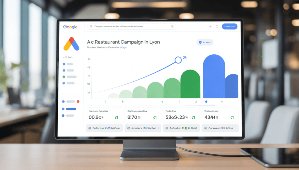 Écran d'ordinateur moderne affichant un tableau de bord Google Ads avec des graphiques de croissance ascendante et des indicateurs de ROI, campagne restaurant à Lyon, bureau minimaliste et lumineux
