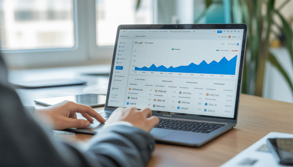 Consultant freelance à Lyon dans un bureau moderne avec un ordinateur portable affichant des graphiques de performance Google Ads et un tableau de bord analytique épuré