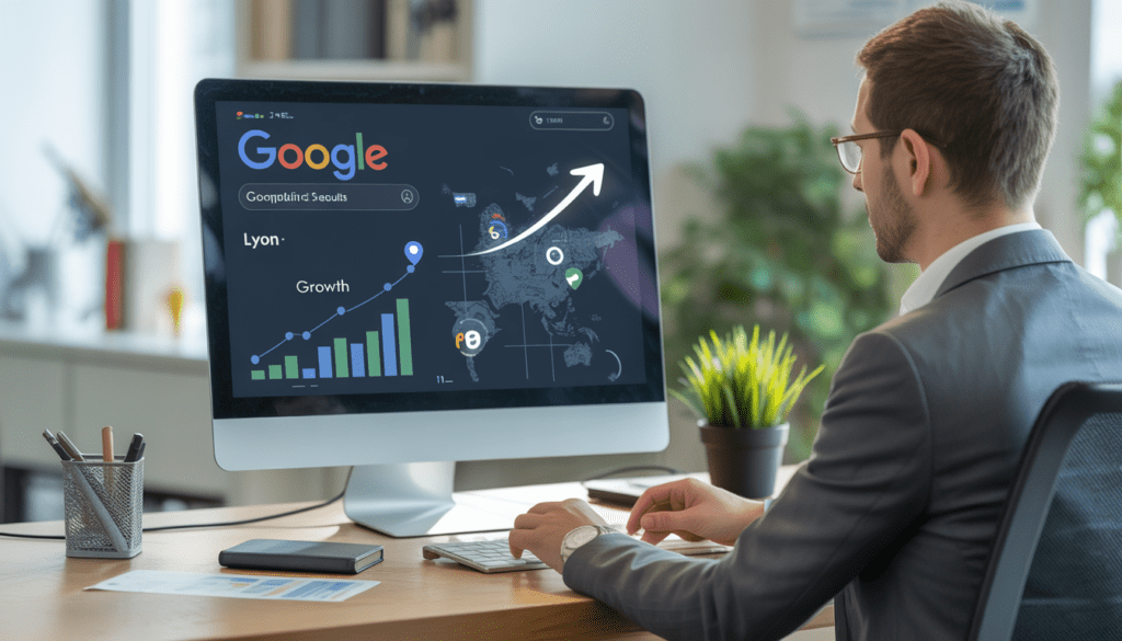 Bureau moderne à Lyon avec ordinateur affichant résultats Google, indicateurs de croissance du trafic et carte locale stylisée avec marqueurs de position