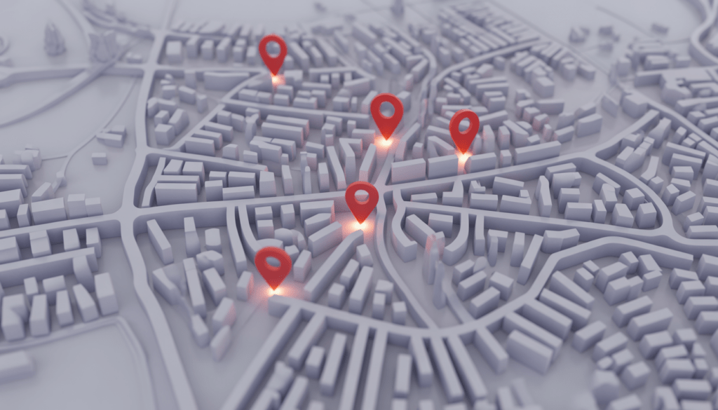 Carte 3D digitale de Lyon avec des marqueurs précis sur Croix-Rousse, Vieux-Lyon et Part-Dieu, points lumineux représentant des artisans locaux