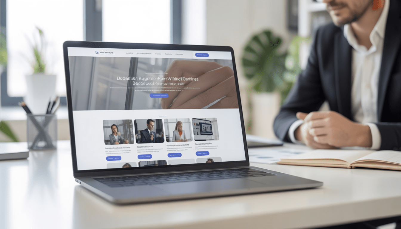 Ordinateur portable moderne affichant une maquette de site web professionnel clair avec page d'accueil visible et bouton d'appel à l'action, dans un bureau lumineux avec consultant marketing digital concentré