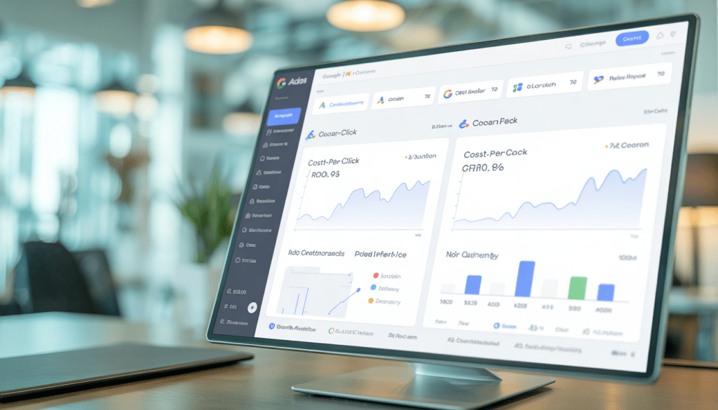 Écran moderne affichant un tableau de bord Google Ads avec graphiques coût par clic, conversions et ROI dans un bureau contemporain lumineux