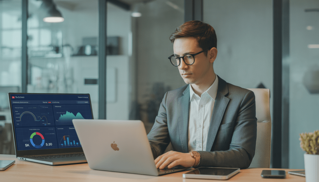 Consultant SEO freelance travaillant dans un bureau moderne sur un ordinateur portable affichant un tableau de bord SEO clair avec graphiques de performance et courbes de trafic
