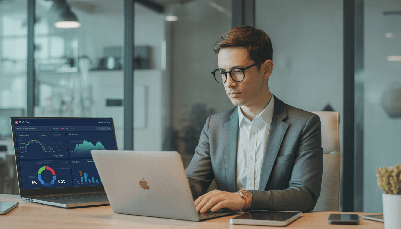 Consultant SEO freelance travaillant dans un bureau moderne sur un ordinateur portable affichant un tableau de bord SEO clair avec graphiques de performance et courbes de trafic