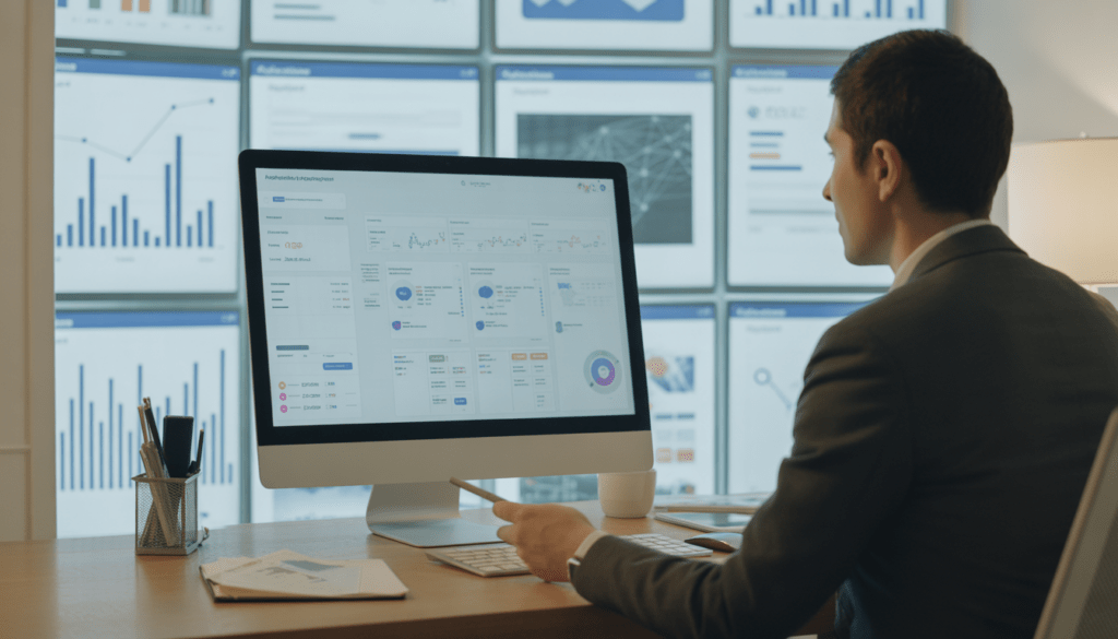 Consultant professionnel travaillant à un bureau moderne avec un ordinateur affichant un workflow détaillé d'automatisation marketing connectant CRM, email et données clients, tableaux analytiques en arrière-plan lumineux
