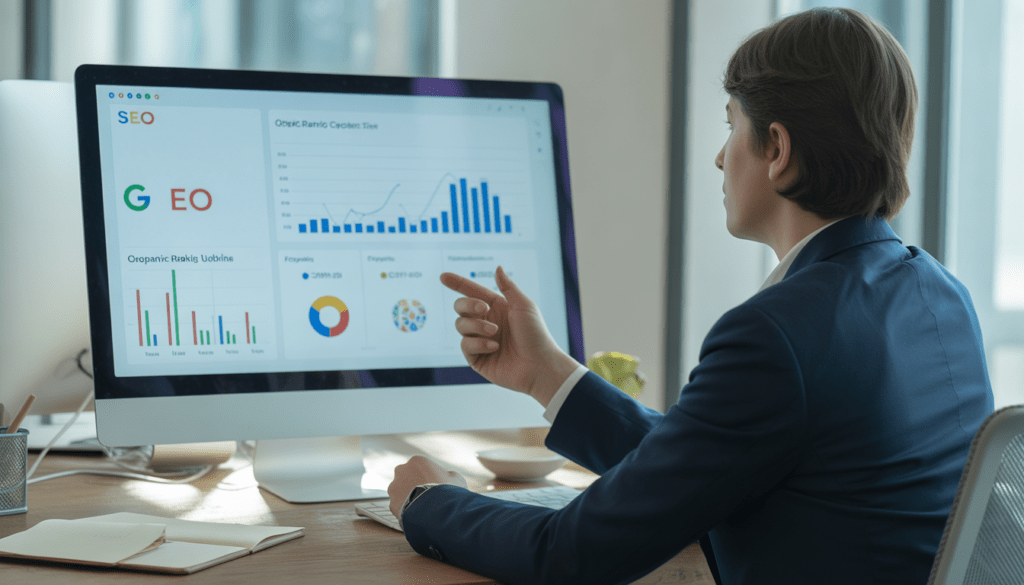 Consultant SEO professionnel conseillant un client dans un bureau moderne avec écran affichant un audit SEO et graphiques de trafic organique