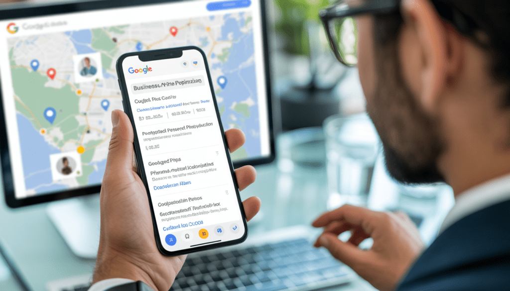 Smartphone affichant l'écran d'optimisation de Google Business Profile sur un bureau moderne avec une carte locale en arrière-plan et un consultant digital professionnel travaillant sur des données SEO locales