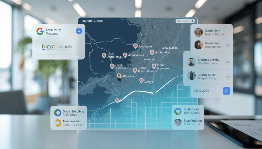 Carte digitale de Lyon avec des marqueurs précis pour artisans locaux, graphiques de visibilité ascendante et icônes optimisées Google Business Profile dans un bureau moderne aux éclairages naturels et high-tech
