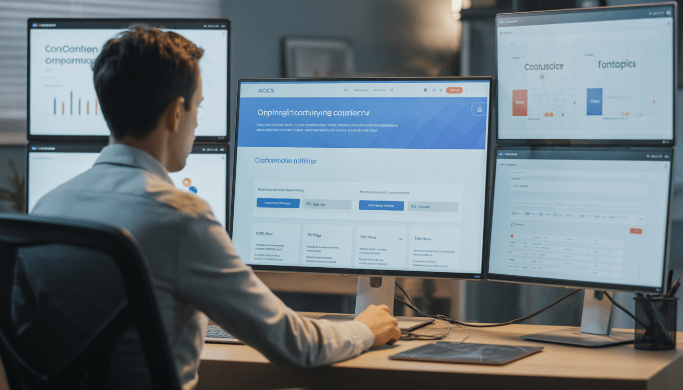 Consultant en marketing digital moderne dans un bureau minimaliste, concentré sur un écran affichant une landing page optimisée avec des éléments de conversion clairs, entouré de moniteurs montrant les métriques de génération de leads, le trafic web et l'analyse des formulaires de contact