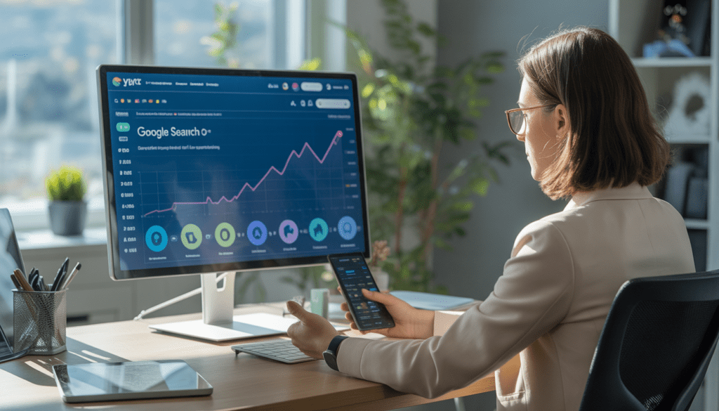 Consultant SEO freelance travaillant à son bureau à Lyon, analysant des graphiques de trafic en hausse et des résultats de recherche Google optimisés par IA sur un écran moderne dans un bureau numérique élégant et lumineux