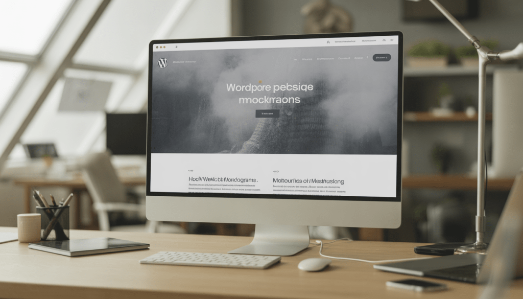 Espace de travail créatif et technologique avec maquette moderne d'un site WordPress propre sur écran dans un bureau lumineux et minimaliste