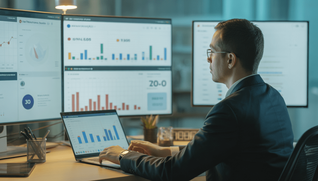 Consultant expert en marketing digital travaillant dans un bureau moderne avec plusieurs écrans affichant des tableaux de bord analytiques et des graphiques de croissance
