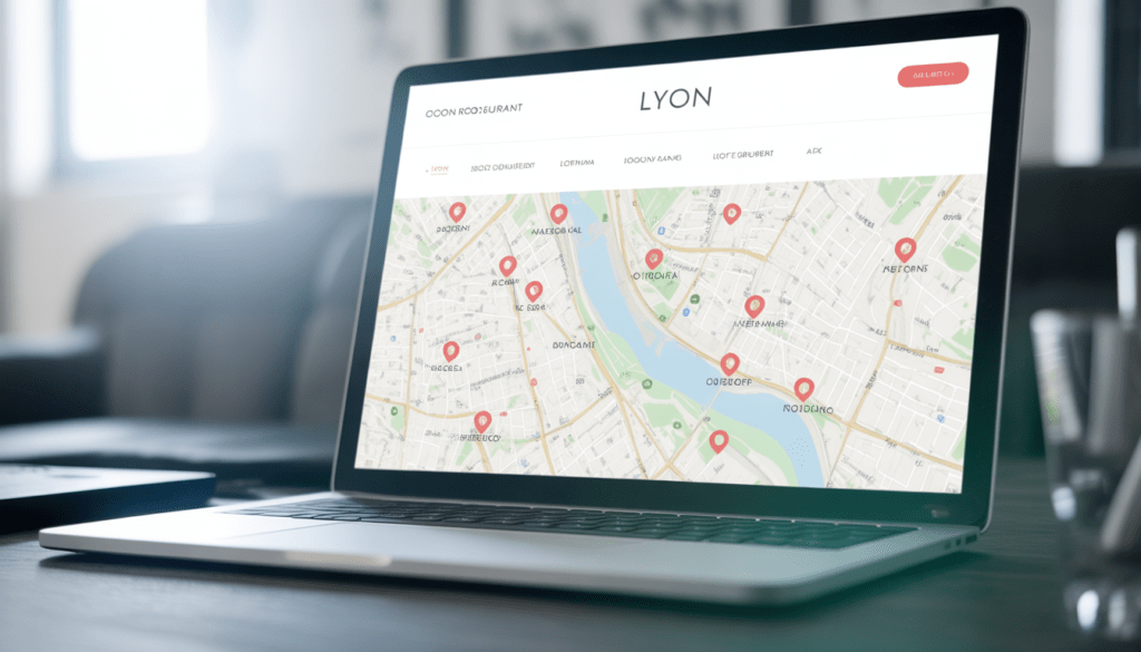 Écran d’un ordinateur portable affichant un design web moderne et épuré pour un restaurant à Lyon avec une carte locale intégrée indiquant des repères dans les quartiers de la ville, dans un bureau moderne avec lumière naturelle douce.