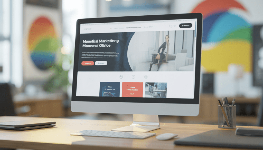 Ordinateur moderne affichant un site web minimaliste aux couleurs vives dans un bureau de consultant en marketing digital