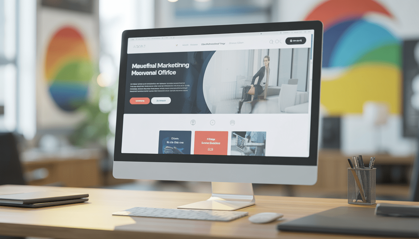 Ordinateur moderne affichant un site web minimaliste aux couleurs vives dans un bureau de consultant en marketing digital