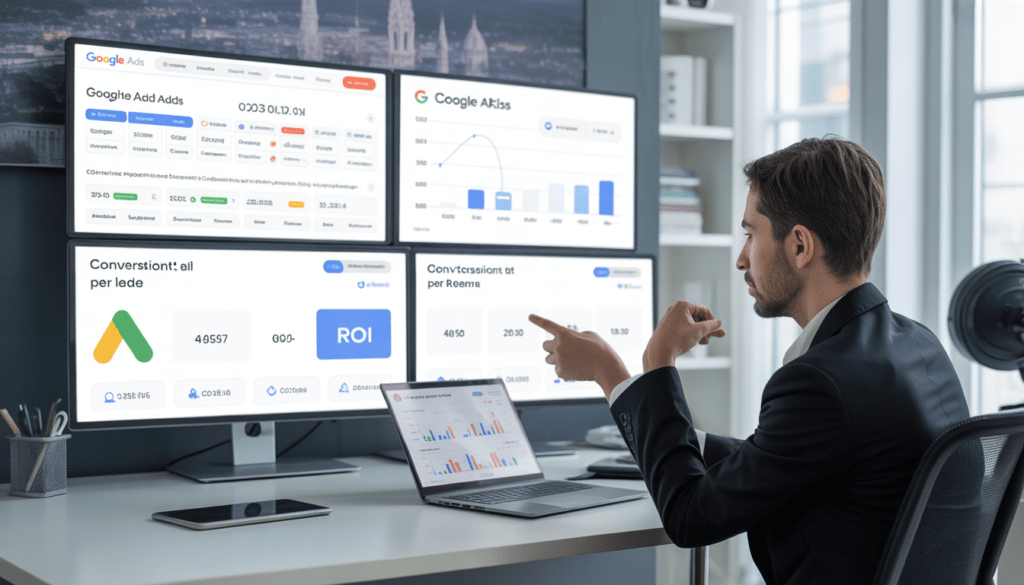 Consultant en marketing digital à Lyon analysant une campagne Google Ads Lyon avec tableaux de bord ROI et conversions