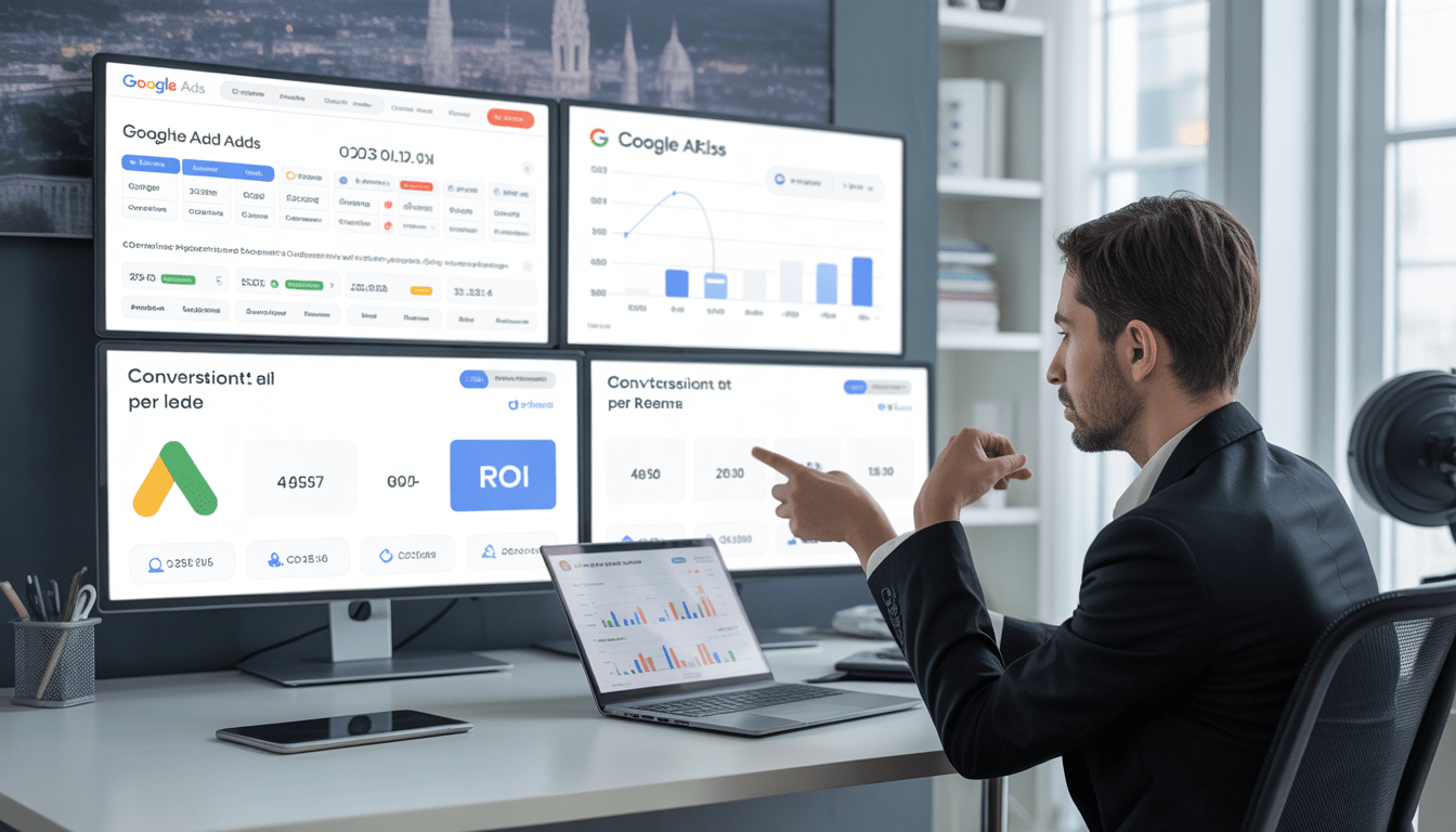 Consultant en marketing digital à Lyon analysant une campagne Google Ads Lyon avec tableaux de bord ROI et conversions