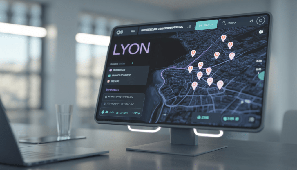 Carte locale interactive de Lyon avec marqueurs lumineux et interface de tableau de bord mettant en avant la visibilité locale dans un environnement high-tech et moderne