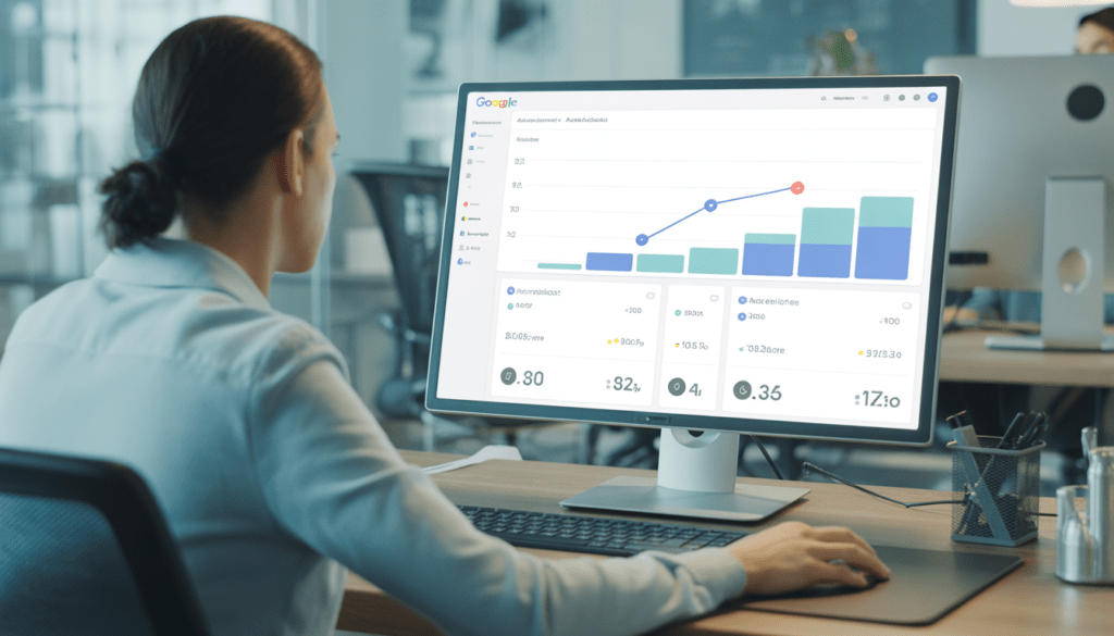 Consultant Google Ads travaillant dans un bureau moderne à Lyon avec un écran d'ordinateur affichant un tableau de bord analytique aux graphiques de performance ascendante et indicateurs ROI clairs