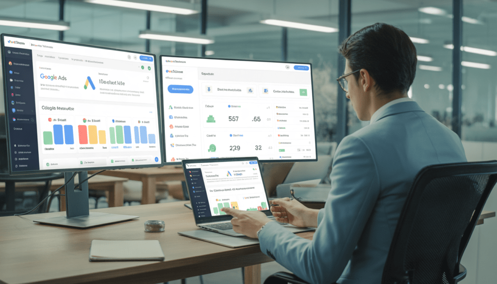 Consultant marketing digital Lyon travaillant avec une PME dans un bureau moderne et dynamique